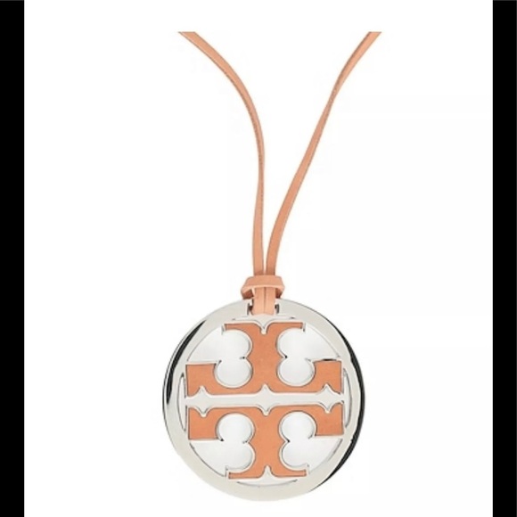 Authentic Tory Burch Silver & Coral Leather Logo With Coral Leather Necklace - Picture 10 of 11